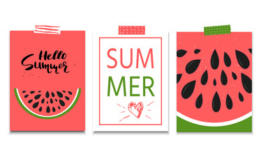 Collection of three bright summer postcard with hand drawn lette