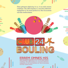 Bowling tournament poster or flyer. Abstract vector illustration of bowling game, ball and pins.