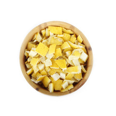rind of lemon in wooden cup isolated