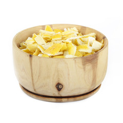 rind of lemon in wooden cup isolated