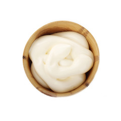 mayonnaise in wooden cup isolated