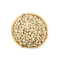 white peppercorn in wooden cup isolated