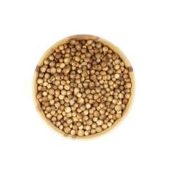 coriander in wooden cup isolated