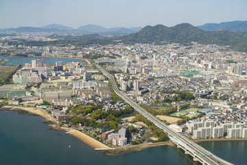 Naklejka premium Aerial view of Fukuoka City in Fukuoka, Japan. (福岡航空写真)