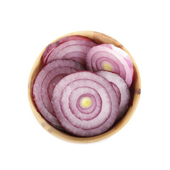 red onion slices in wooden cup isolated