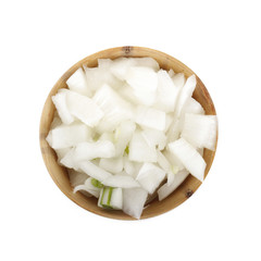 ground white onion slices in wooden cup isolated