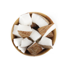 slices of coconut in wooden cup isolated