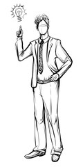 Man in business suit, hand drawn vector. Idea concept with man and lightbulb.