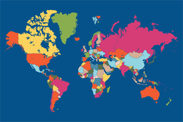 Colored map of world with countries borders, vector iilustration.
