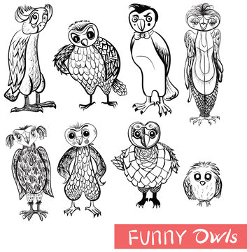 Set of cartoon doodle owls and owlets