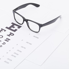 Close up studio shot of a table for eyesight test with glasses over it