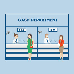 Cash department in bank. People wait for their money in cashbox.