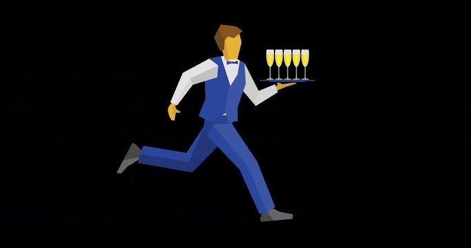 Cartoon waiter in blue vest and trousers running with champagne on tray. Catering concept. Simple animation with alpha channel. Person for restaurant or cafe logo.