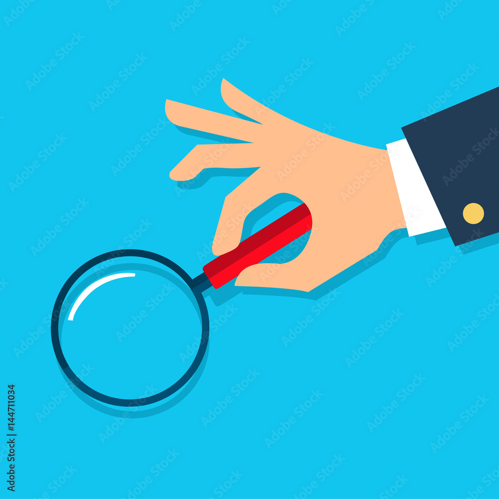 Poster hand with magnifying glass. concept of searching, detecting and analyzing.