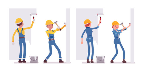 Set of male and female worker working with walls