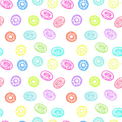 Seamless pattern with delicious donuts. Hand-drawn Vector illustration. Sweet desserts with fudge.