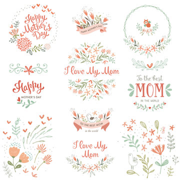 Mother's Day set with typographic design elements. Hand drawn flowers, plants, branches, wreaths and frames, floral bouquets and compositions, decorative birds and banners. Vector illustration.