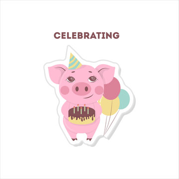 Happy birthday pig sticker on white background