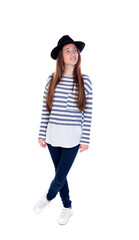 Full portrait teenager girl with a black hat and striped t-shirt