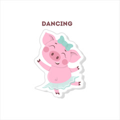 Funny pig listens to music. Isolated cartoon sticker.