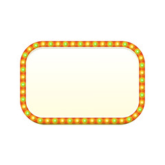Blank 3d rectangular retro light banner with shining lights. Red sign with green and yellow bulbs and blank space for text. Vintage street signboard. Advertising frame. Colorful vector illustration.