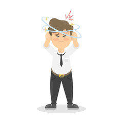 Businessman with headache. Sick man is ill. Isolated character on whte.