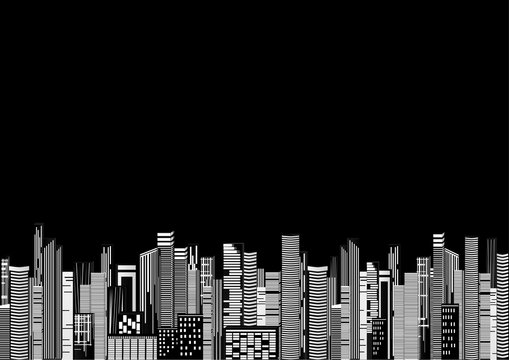skyscraper in the city in the night, vector, horizontal, black and white image