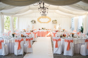 Wedding Banquet hall decorated with flowers