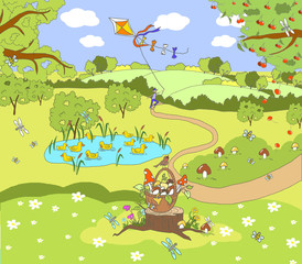Naklejka premium Card, children's illustration, summer warm day in the country. In the picture, ducks in a pond, Lawn with mushrooms, stump with a basket of mushrooms. The boy is launching a kite into the sky. 