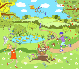 Card, children's illustration, summer warm day in the country. Children play, the girl catches butterflies  the boy rolls on rollers, lets a kite fly. In the picture,  ducks in a pond
