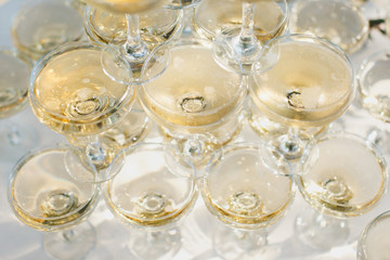 Beautiful hill with champagne at the Banquet for the newlyweds.
