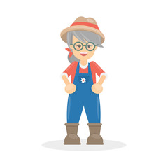 Isolated old farmer. Senior woman in uniform on white background.