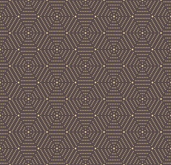 Geometric repeating vector ornament with hexagonal dotted elements. Geometric modern ornament. Seamless abstract modern pattern