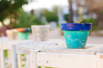 Decorative rusty pot without plant outdoor. Concept of garden decor