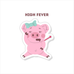 Pig with high fever. Isolated cute sticker on white background.