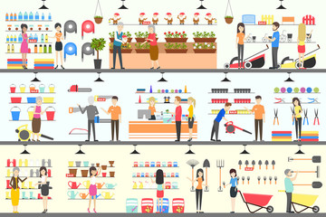 Home and garden store interior set. Furniture and garden tools.