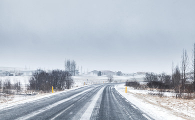 Snowy Icelandic road perspective