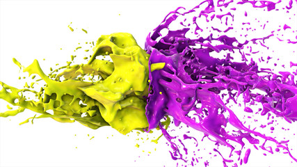 Purple and yellow liquid collide, drops splatter fly to the sides on a white isolated background
