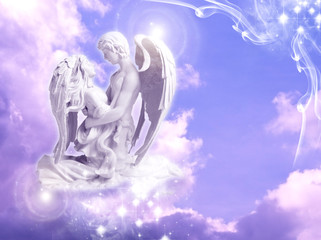 Obraz na płótnie Canvas a male angel and a female angel or archangel in embrace over purple mystical sky with stars with copy space 