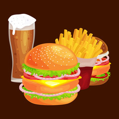 Set of tasty burgers grilled beef and fresh vegetables dressed with sauce bun for snack, american hamburger fast food meal French fries with cold bear brown ice drink vecor illustration background