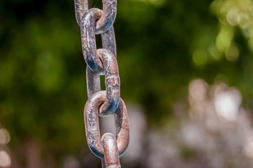 Steel metal chain with the colorful green nature background stock image. A part of a swing at the children playground.