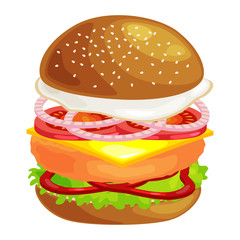 tasty burger grilled beef and fresh vegetables dressed with sauce in bun for snack or lunch, hamburger classical american fast food meal usual menu could be barbecue meat bread tomato cheese on white