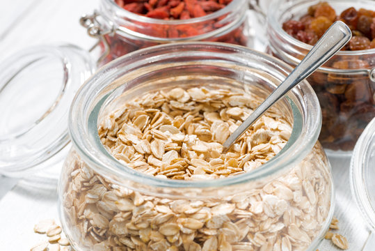 oat flakes and dried berries for breakfast, closeup