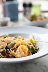 Seafood pasta Spaghetti with Clams, Prawns, Italian food