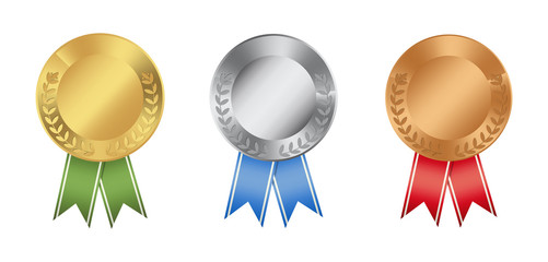 Ribon medals set on white background. Golden, silver and bronze.