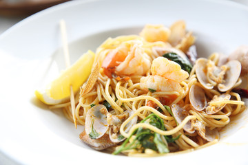 Seafood pasta Spaghetti with Clams, Prawns, Italian food