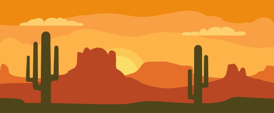 Panorama mountains and sunset sky with cactus. Vector flat illustration