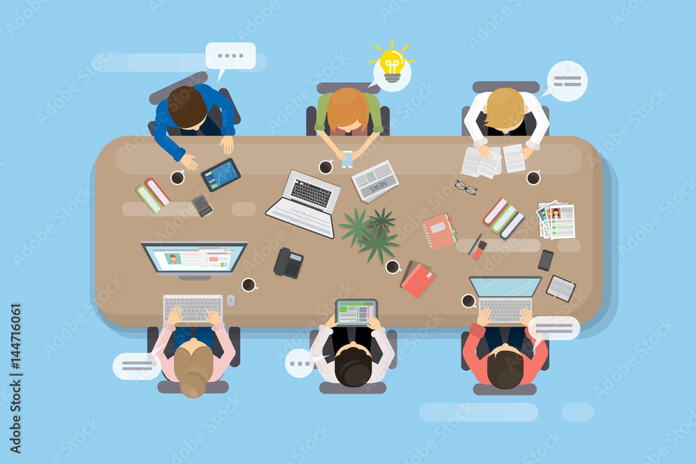 Poster office table with team and laptops top view.