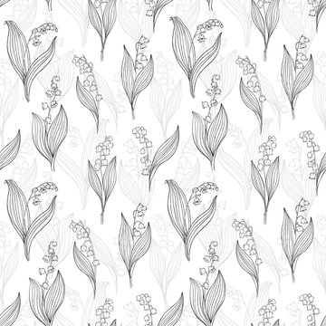 Seamless vector background with lilies of the valley.  Black and white floral illustration.