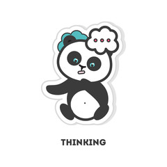 Obraz na płótnie Canvas Thinking panda sticker. Isolated cartoon sticker. Funny panda with thoughts bubbles.